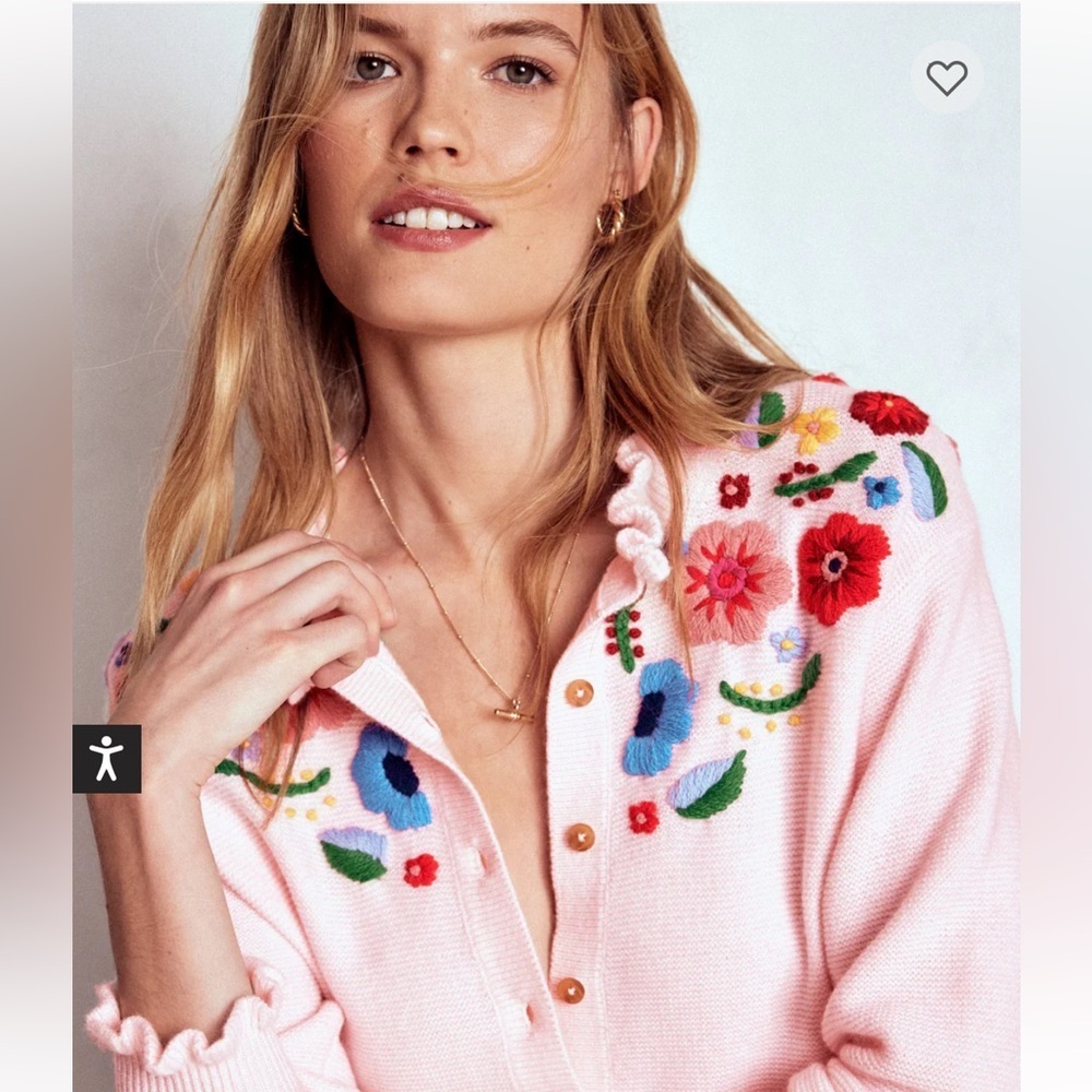 BODEN embroidered frill knit sweater cardigan blooming pink size large - Picture 7 of 16
